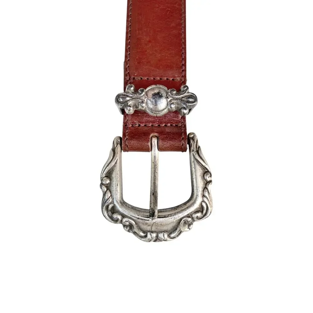 Vintage Fossil Cognac Leather Concho Belt Western Silver Floral Buckle Y2K Ranch